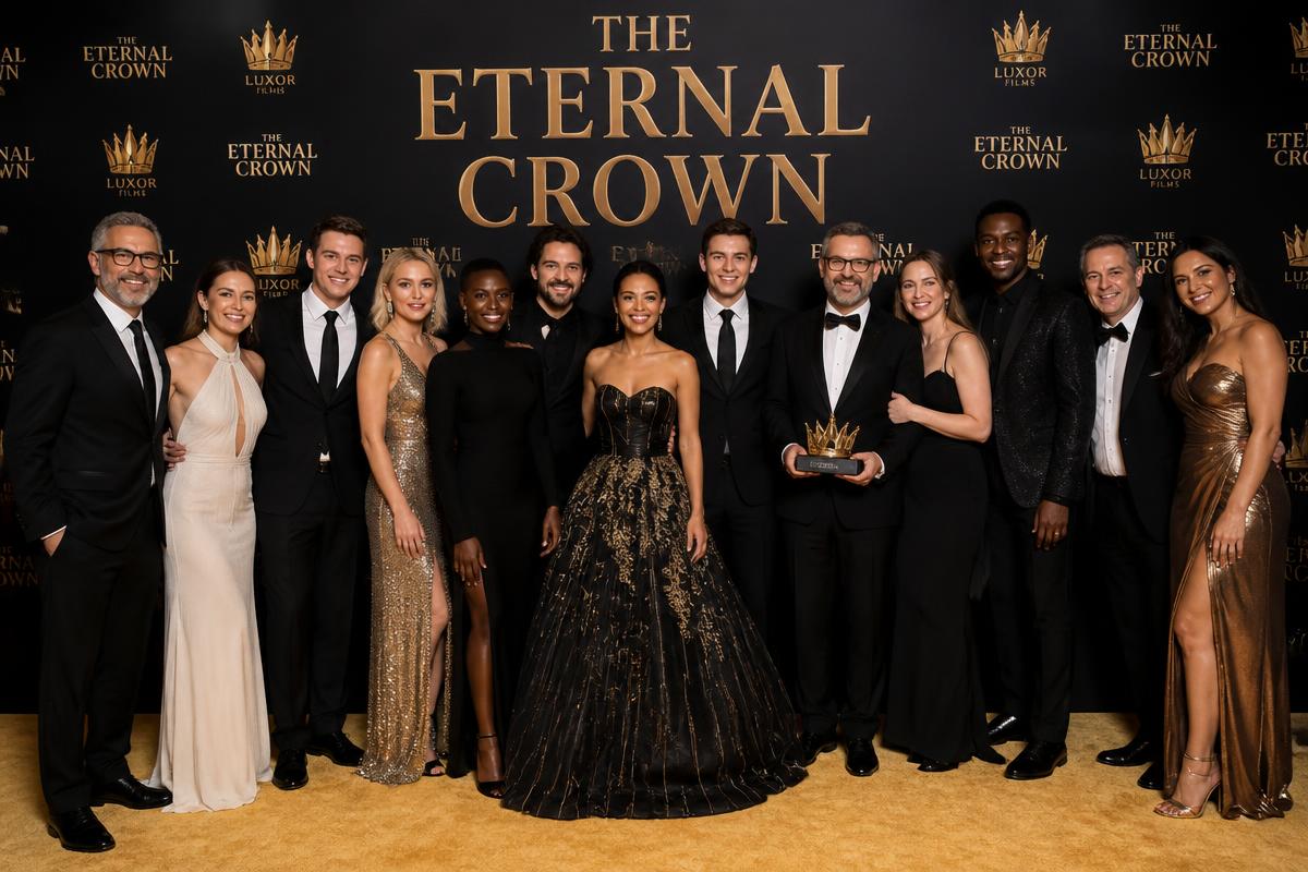 Cast and crew group photo on the gold carpet