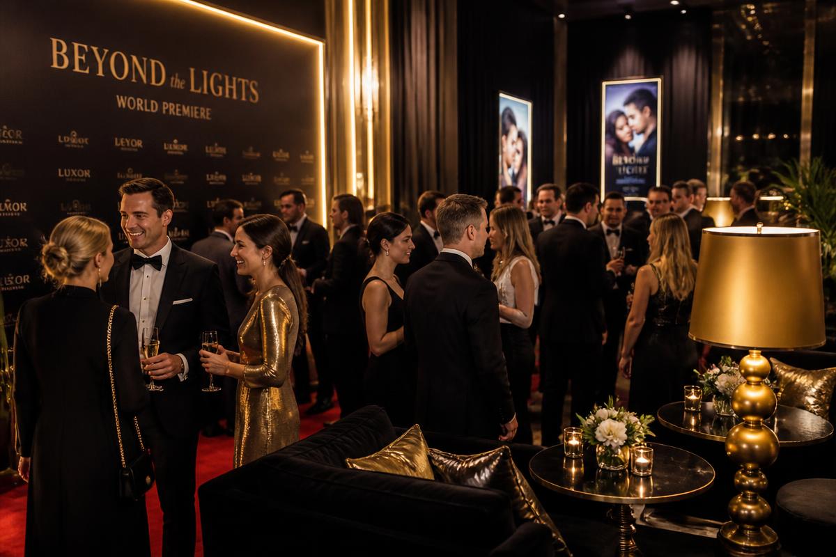 VIP reception lounge with champagne and guests mingling
